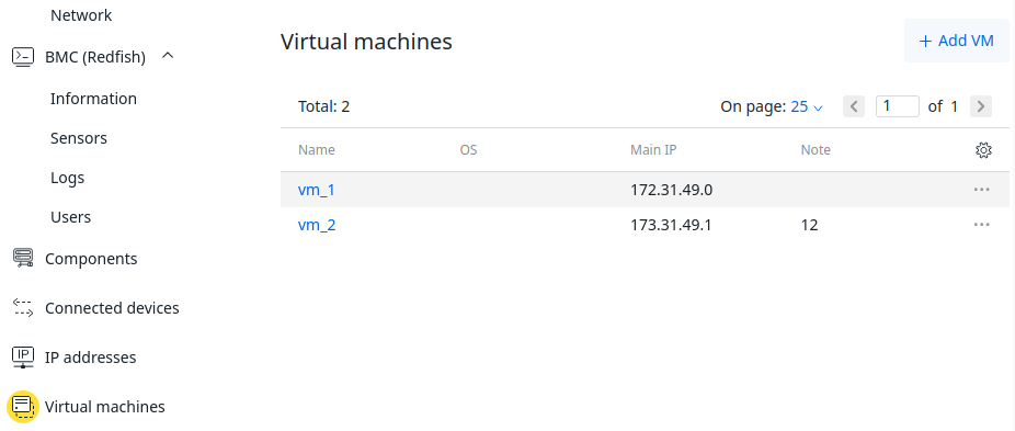 Interface of the Virtual machines section