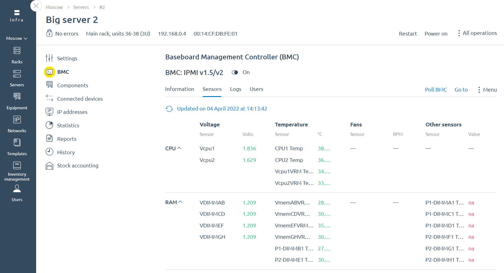 Readings of BMC sensors in DCImanager