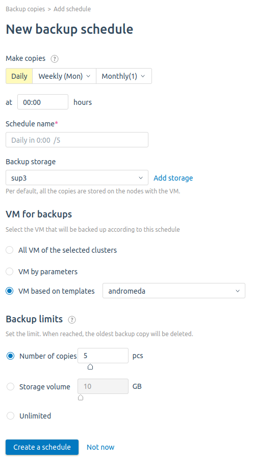 Configuring backup schedule in VMmanager 6. You can create scheduled backups for each VM separately, for a cluster, a tariff plan or a template in the billing system.