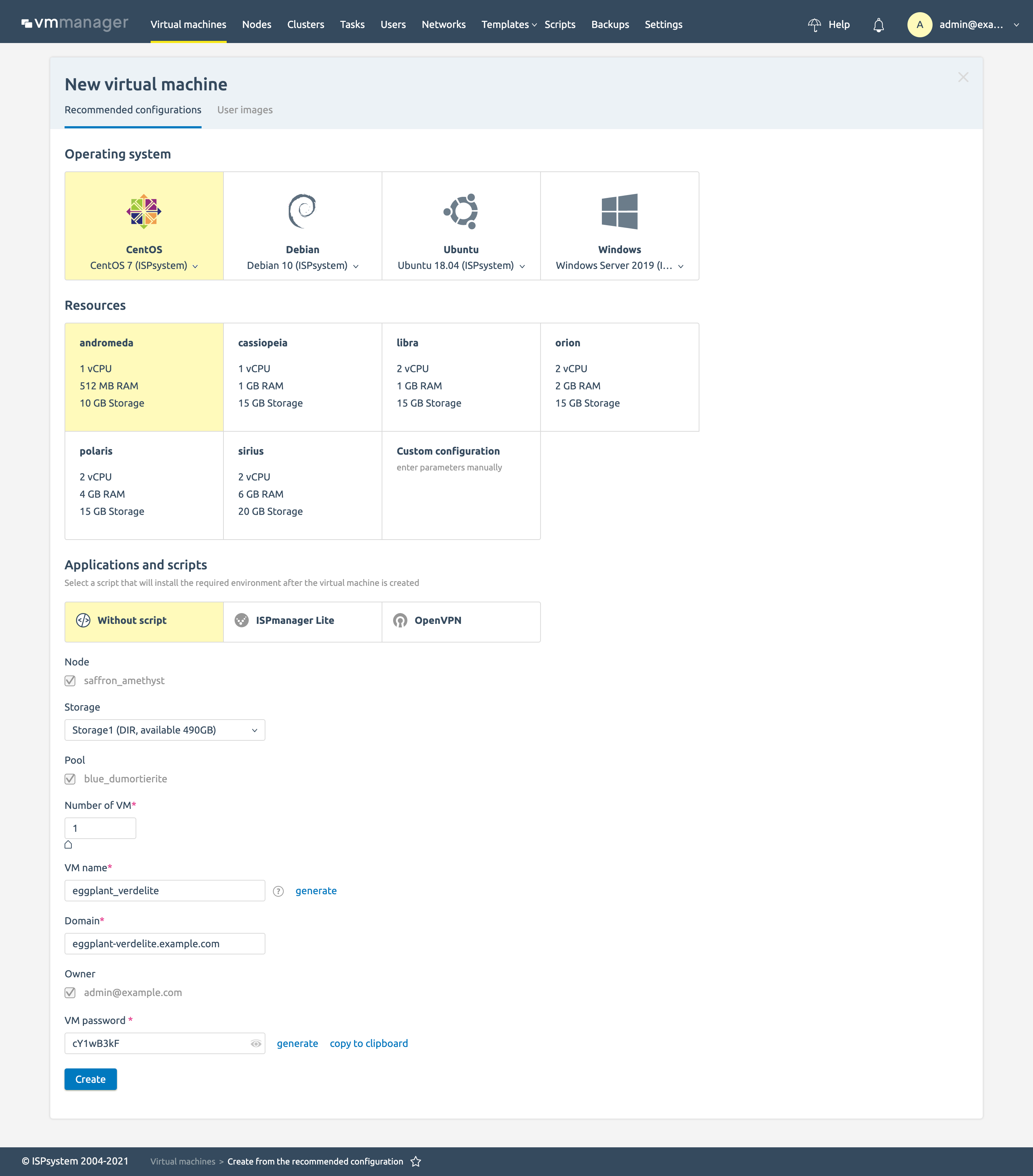 In VMmanager 6, you can create a virtual machine in one click: all fields are pre-filled. The platform automatically generates the name, password and other data