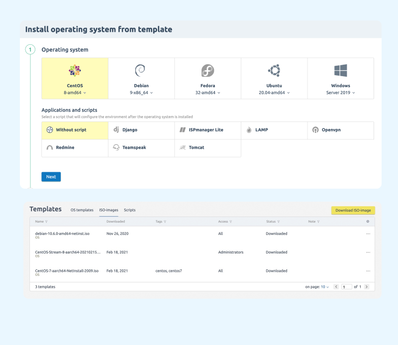 Installing the operating system from a template: you can select a ready-made or custom operating system, automatically install applications and run scripts