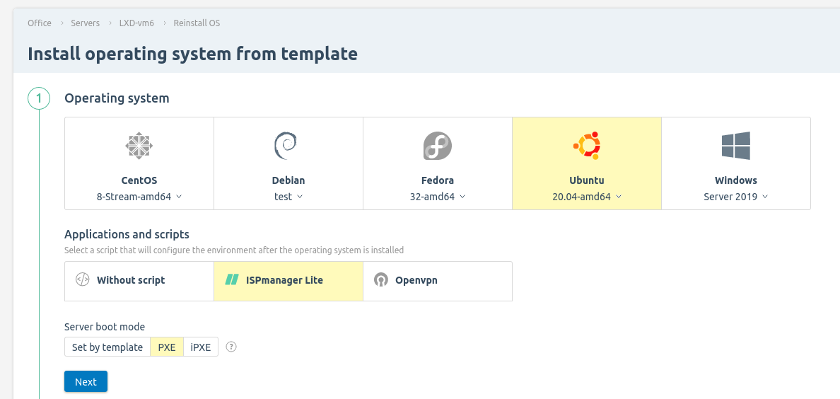 When installing the OS on the server, the administrator chose the PXE mode. DCImanager will automatically select the same mode for the following operations on this server