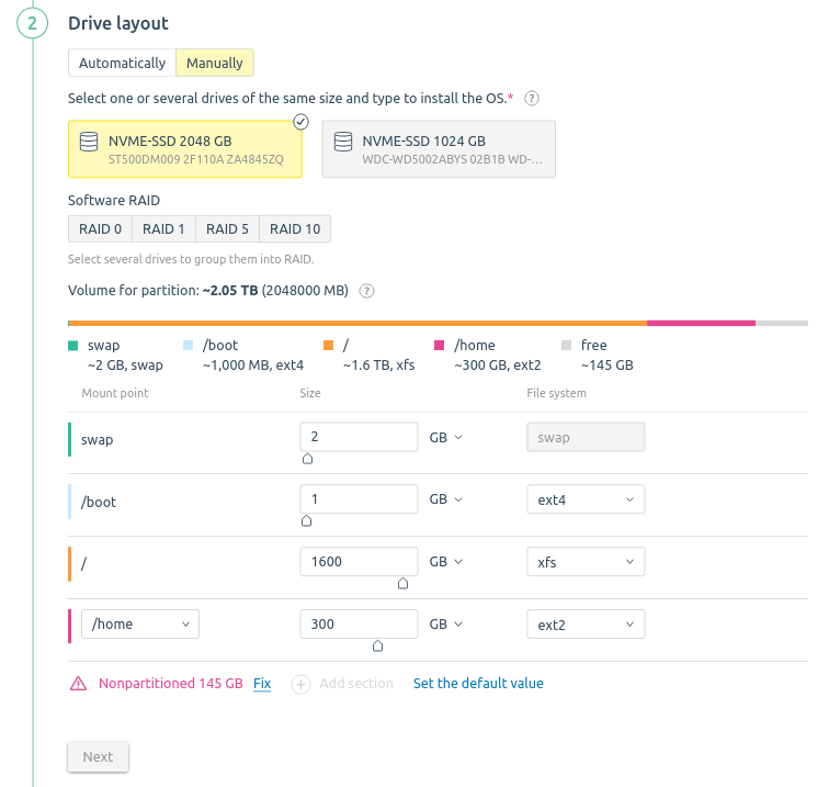 Before installing the OS, the platform administrator can select the disks to be installed, create software RAID, set the type and size for each partition. You can manually partition not only a single disk, but also a RAID