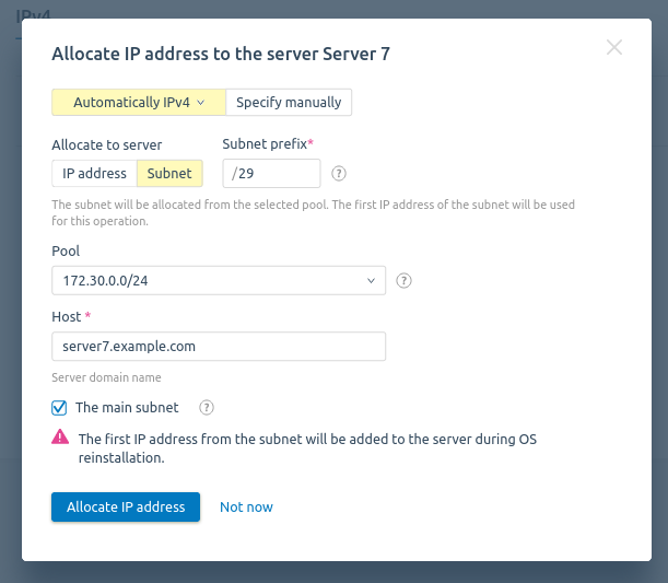 User-friendly interface allows you to quickly perform operations with the address space. For example, to allocate a subnet of IP addresses for the server