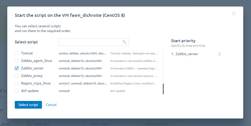 Running the script to create a Zabbix server. The selected Zabbix_server script is already stored in the VMmanager repository