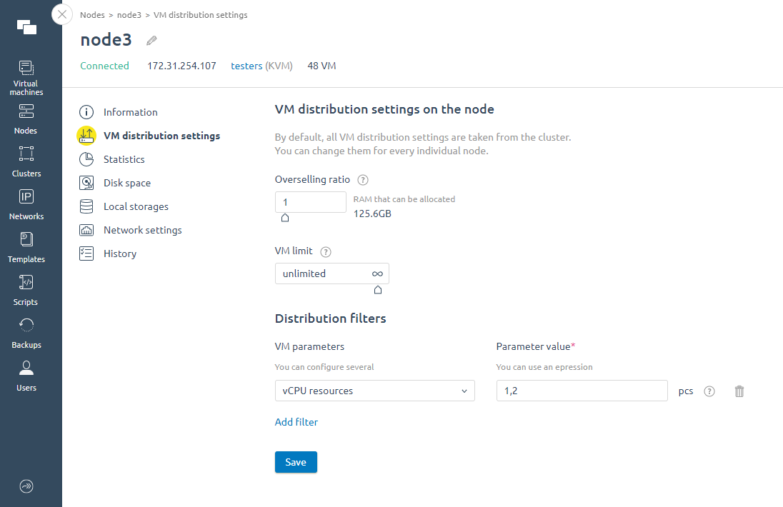 VM distribution settings for the node